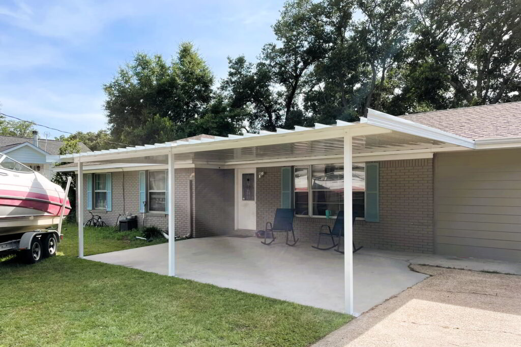white patio cover in front of house